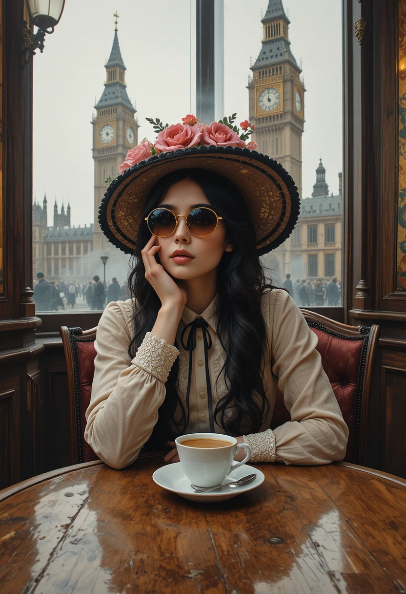 Mujer melancólica en un salón de té victoriano de Londres
