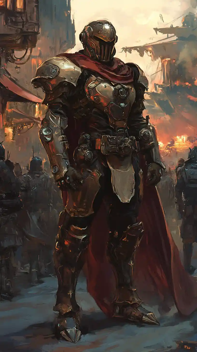 Guerrieri fantasy steampunk in luce soffusa con armature dettagliate