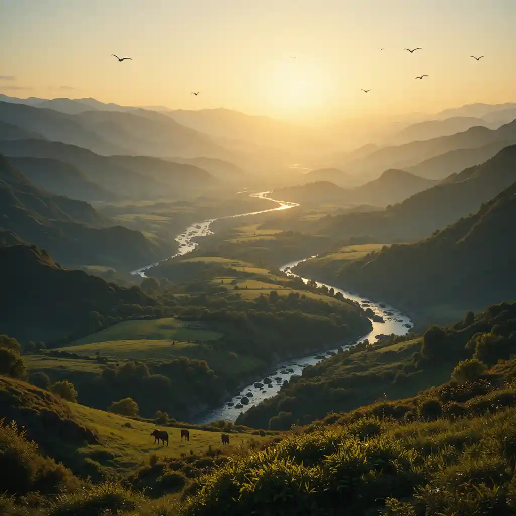 Sonnenaufgang über grünen Tälern und ferner Berglandschaft