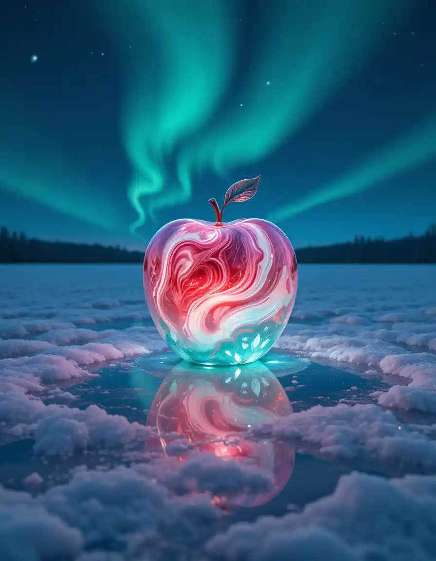 Glowing Glass Apple On A Snowy Frozen Lake At Twilight