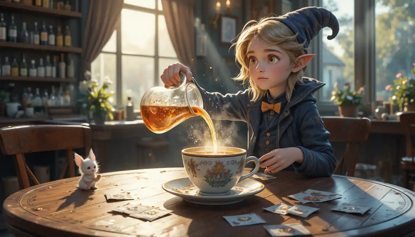 Whimsical alchemist pouring magic into coffee in a cozy cafe