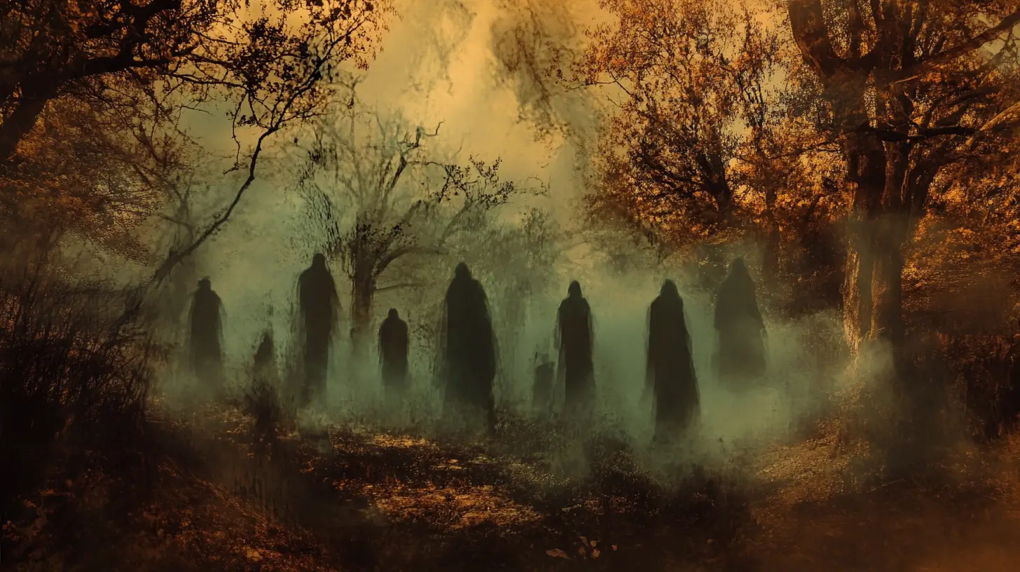 Surreal optical illusion scene with layered Halloween imagery
