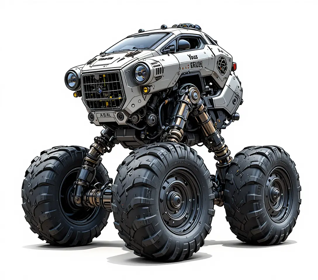 Futuristic hexapod robotic vehicle with rugged off road wheels