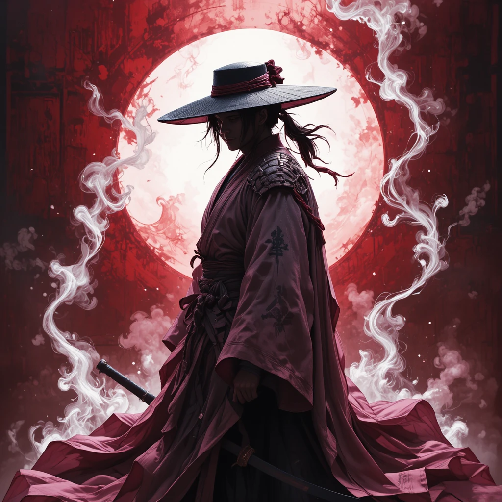 Ink painted samurai warrior in neon smoke silhouette