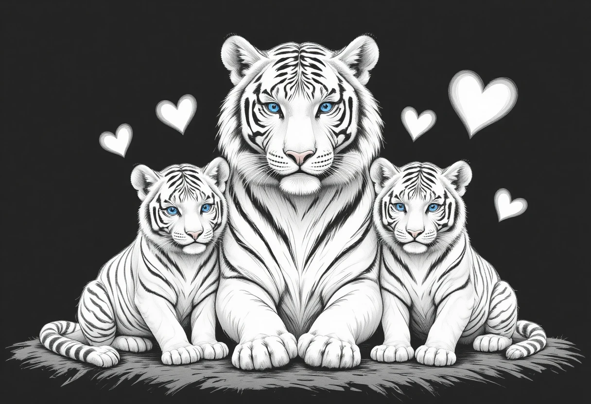 White tiger mother and cubs on black background