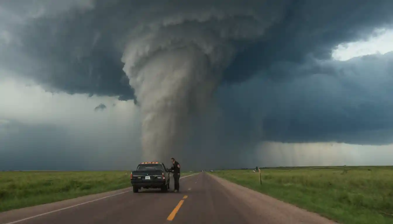 Cacciatori di tempeste in auto verso un tornado estremamente violento