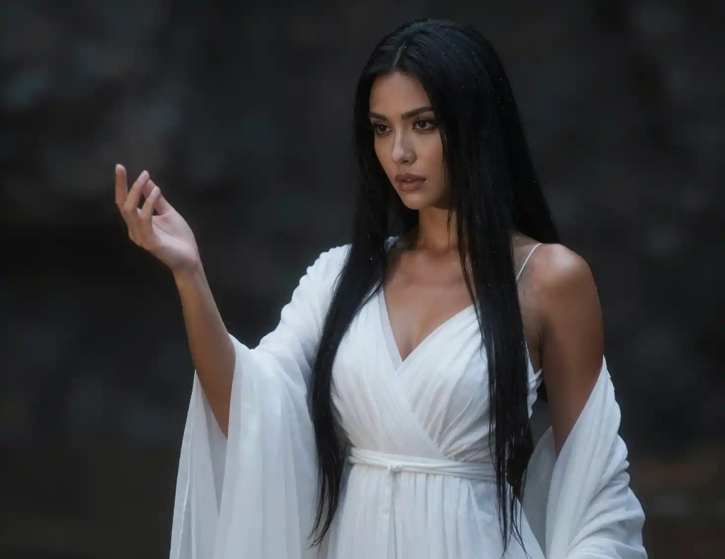 Divine sorceress with black hair in flowing white robe