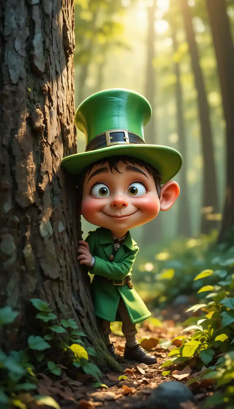 Curious boy in green coat peeking from forest tree