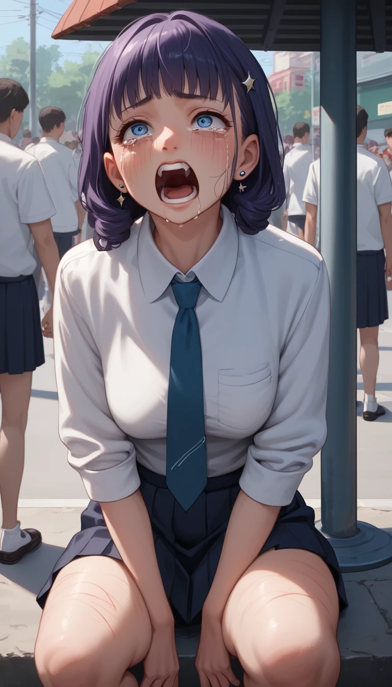 Chica de instituto de anime sentada sola en un banco de iglesia
