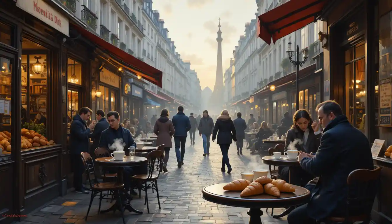 Pariser Straßencafé im Morgengrauen mit ruhigem Frühmorgen-Charme