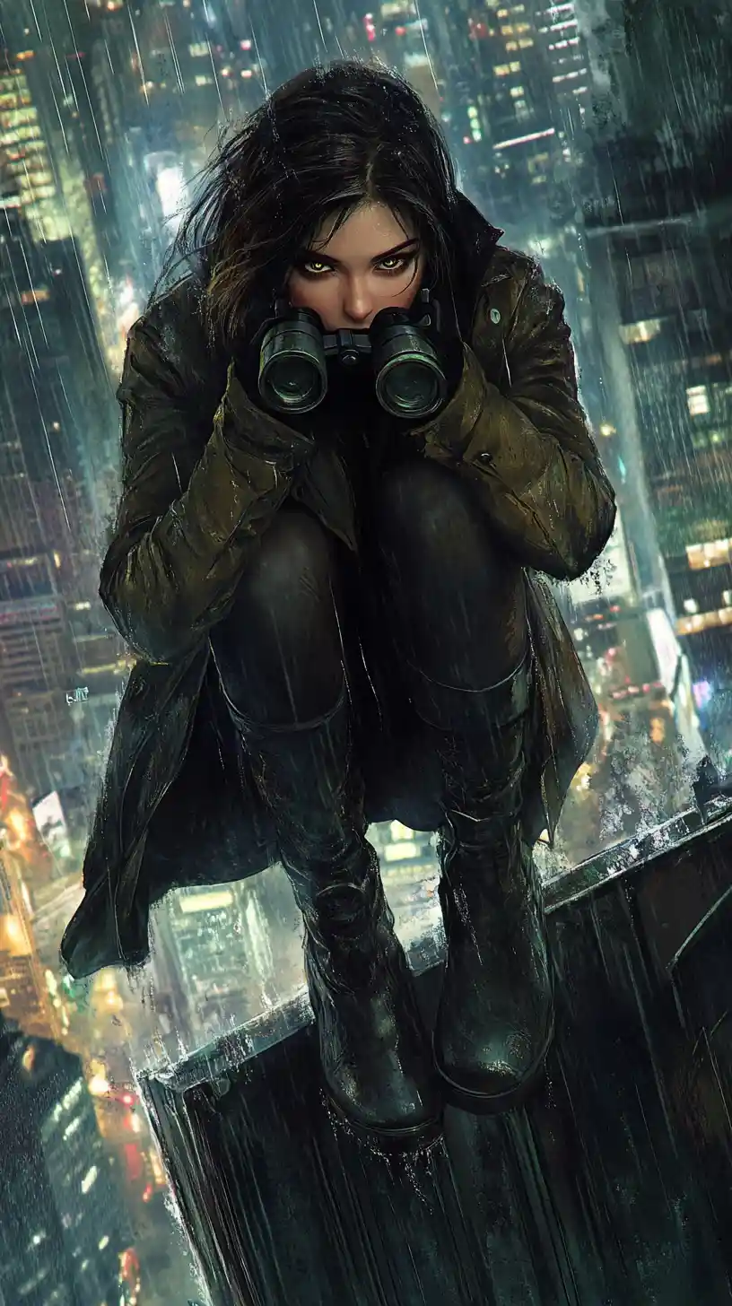 Young woman crouching on a rainy skyscraper at night