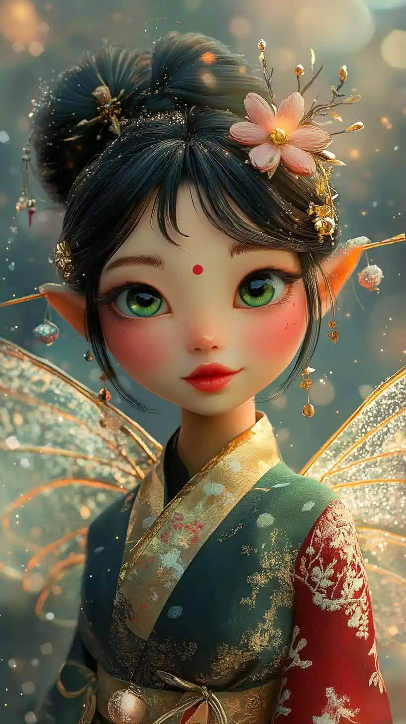 Enchanting asian fairy portrait in ornate kimono