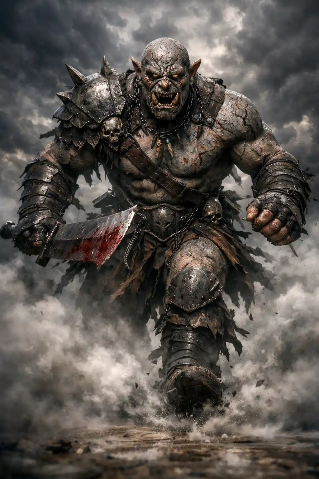 Terrifiant guerrier orc traversant une épaisse brume tourbillonnante