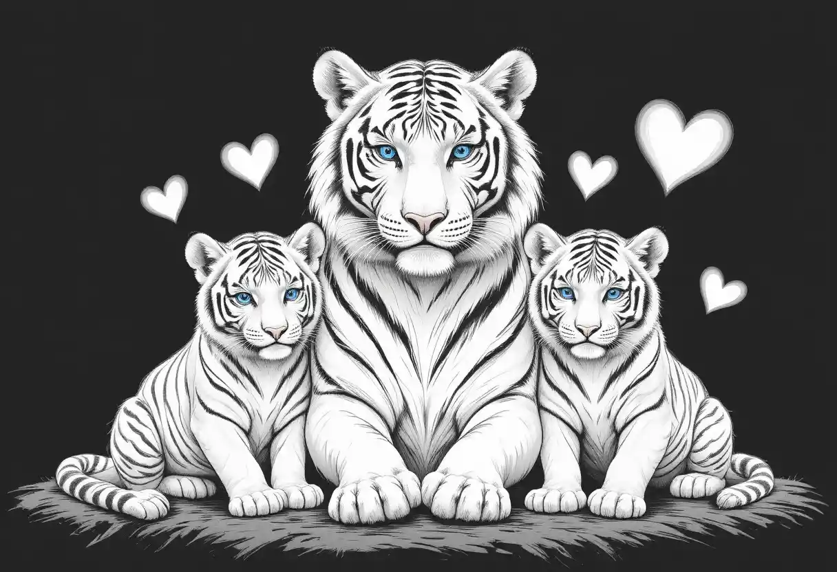 White tiger mother and cubs on black background
