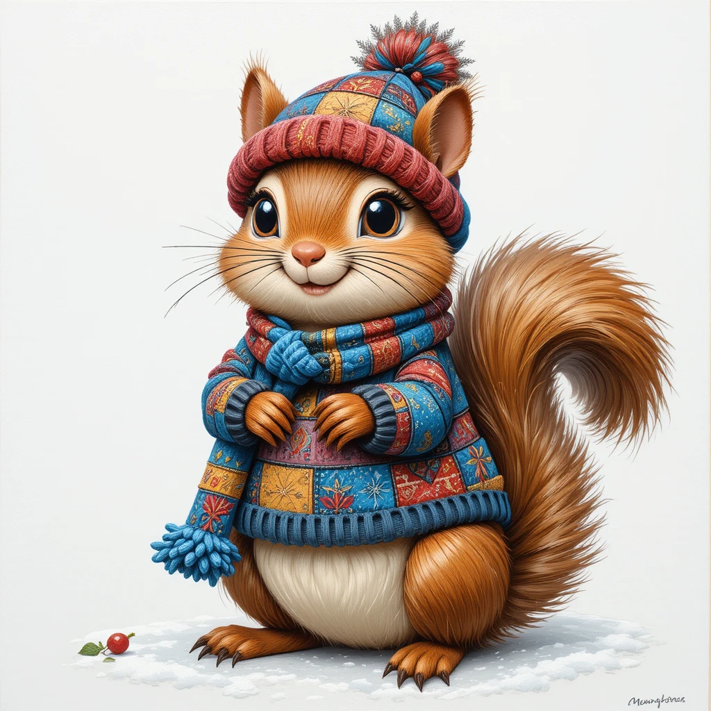 Whimsical Cartoon Squirrel In Patchwork Winter Outfit