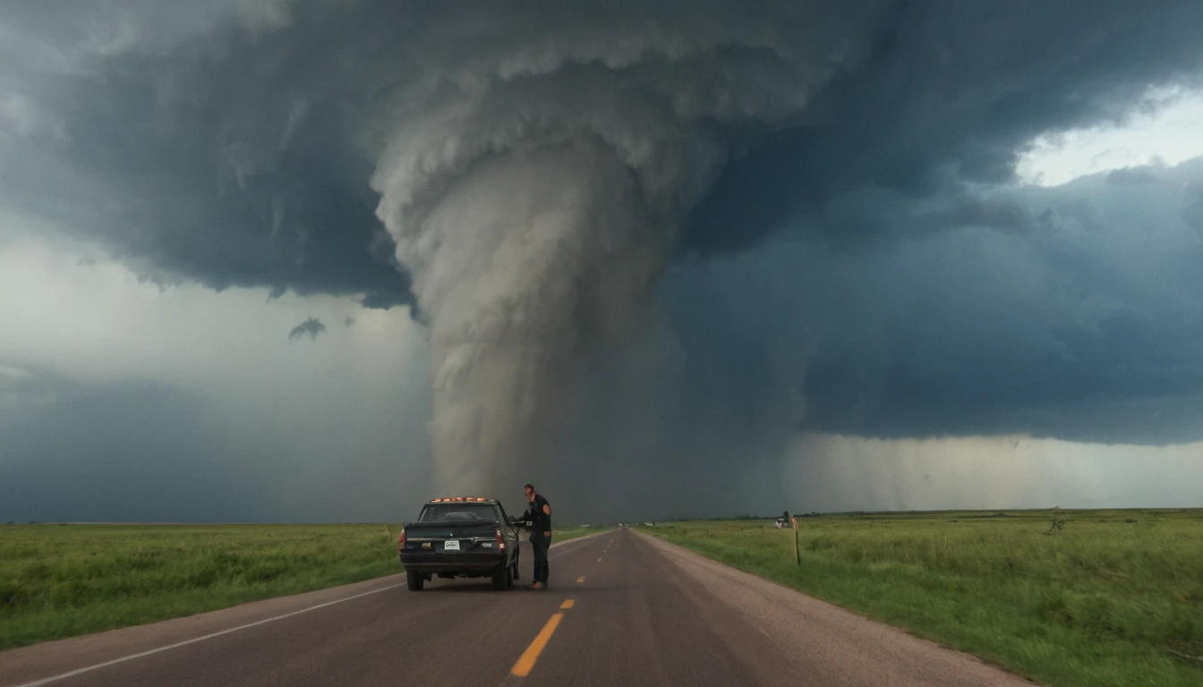 Cacciatori di tempeste in auto verso un tornado estremamente violento