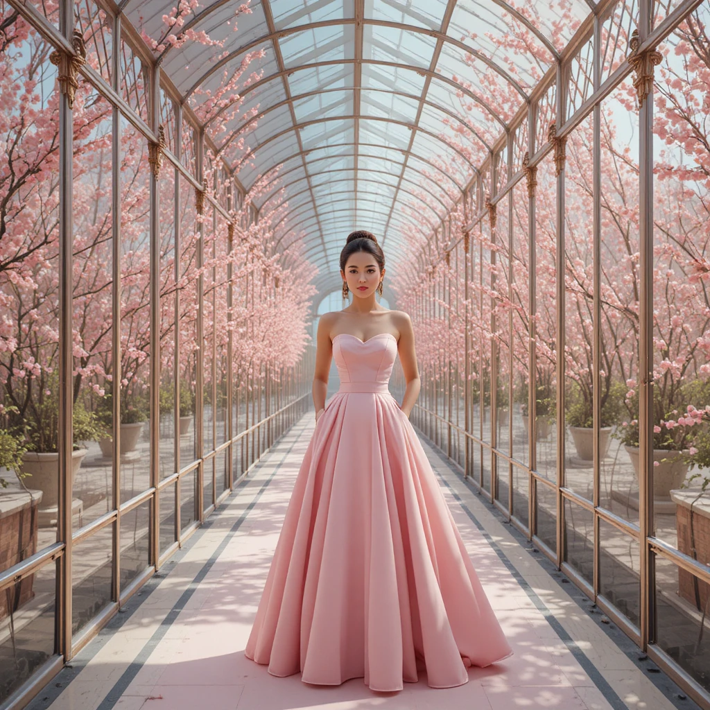 Mujer elegante con vestido de gala rosa en un pasillo de vidrio reflectante