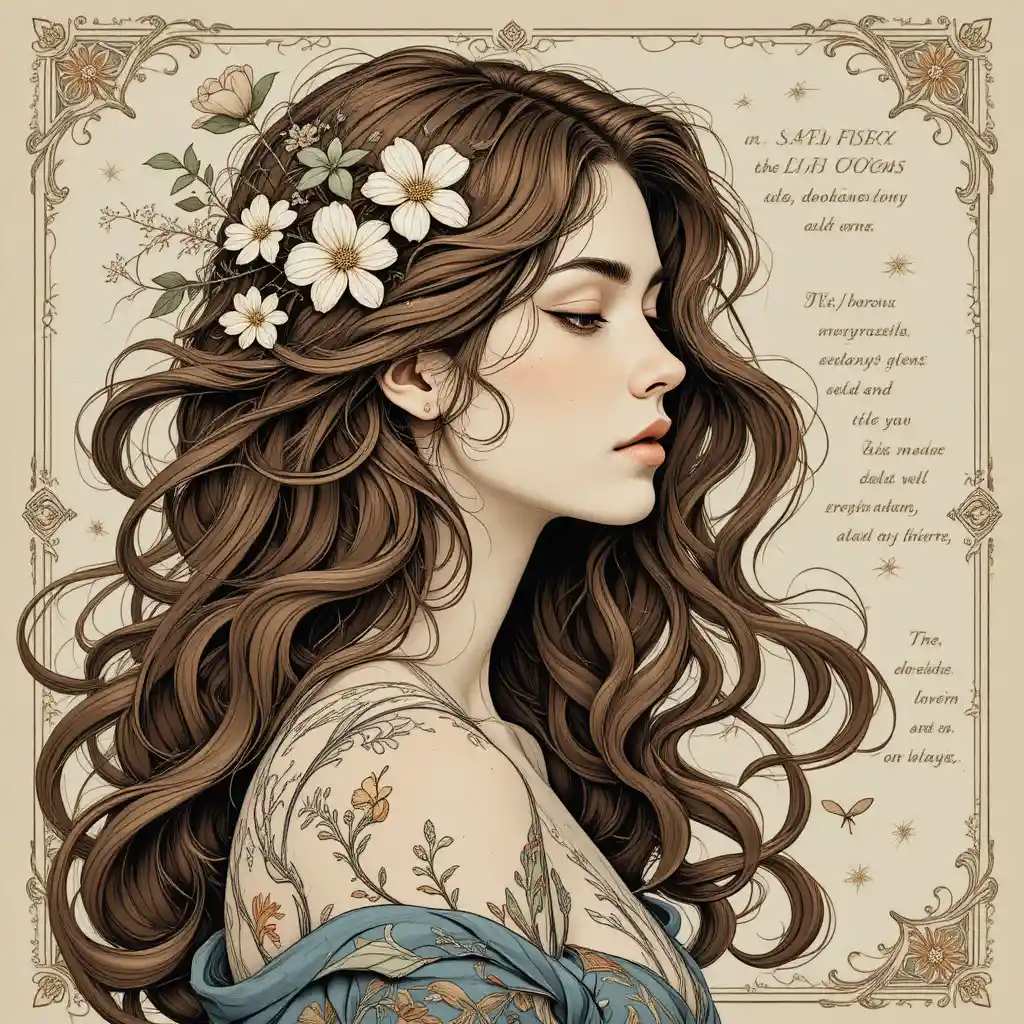 Ornate side profile portrait of a serene young woman