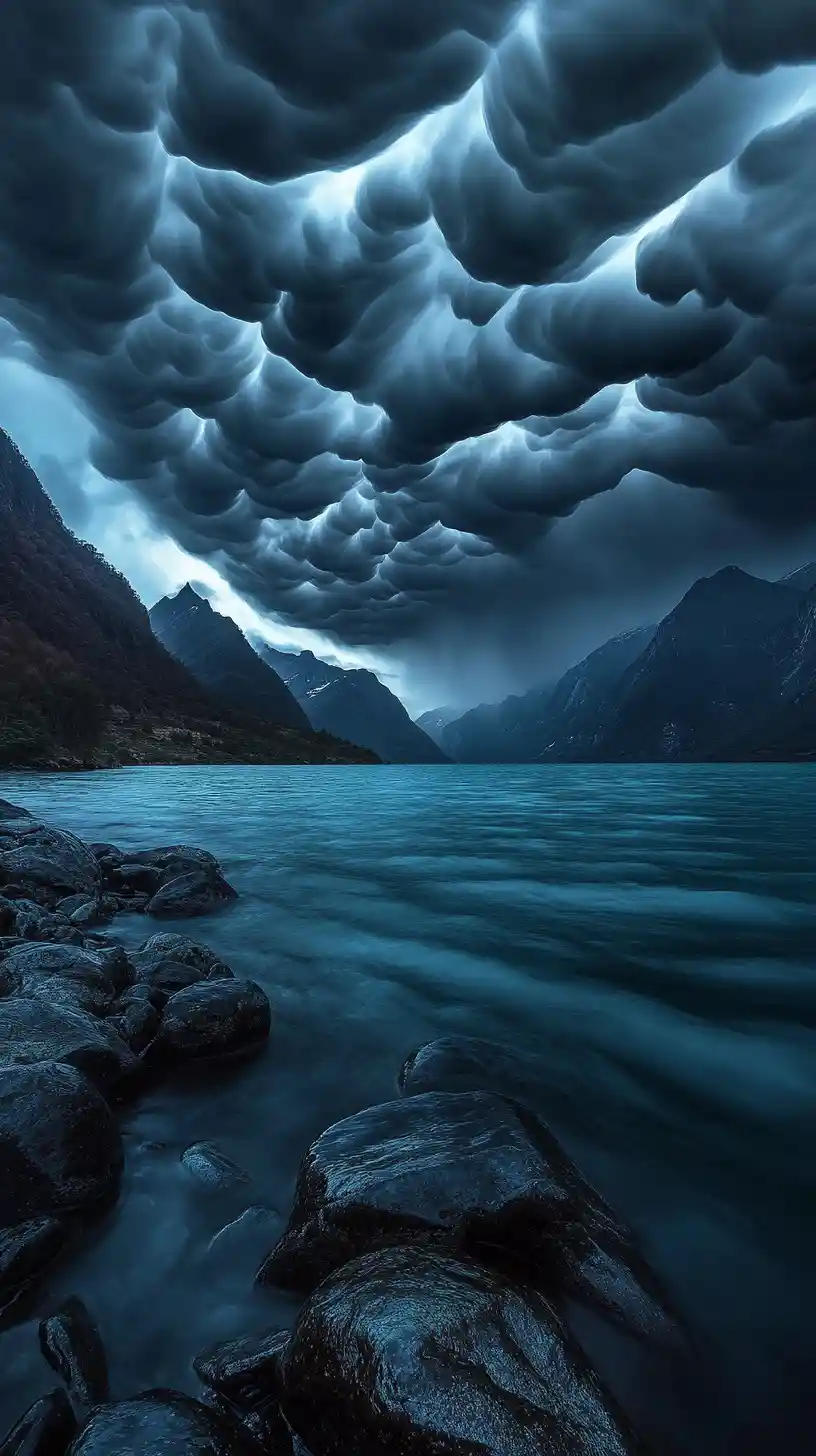 Dark storm over bioluminescent river in alpine fjord
