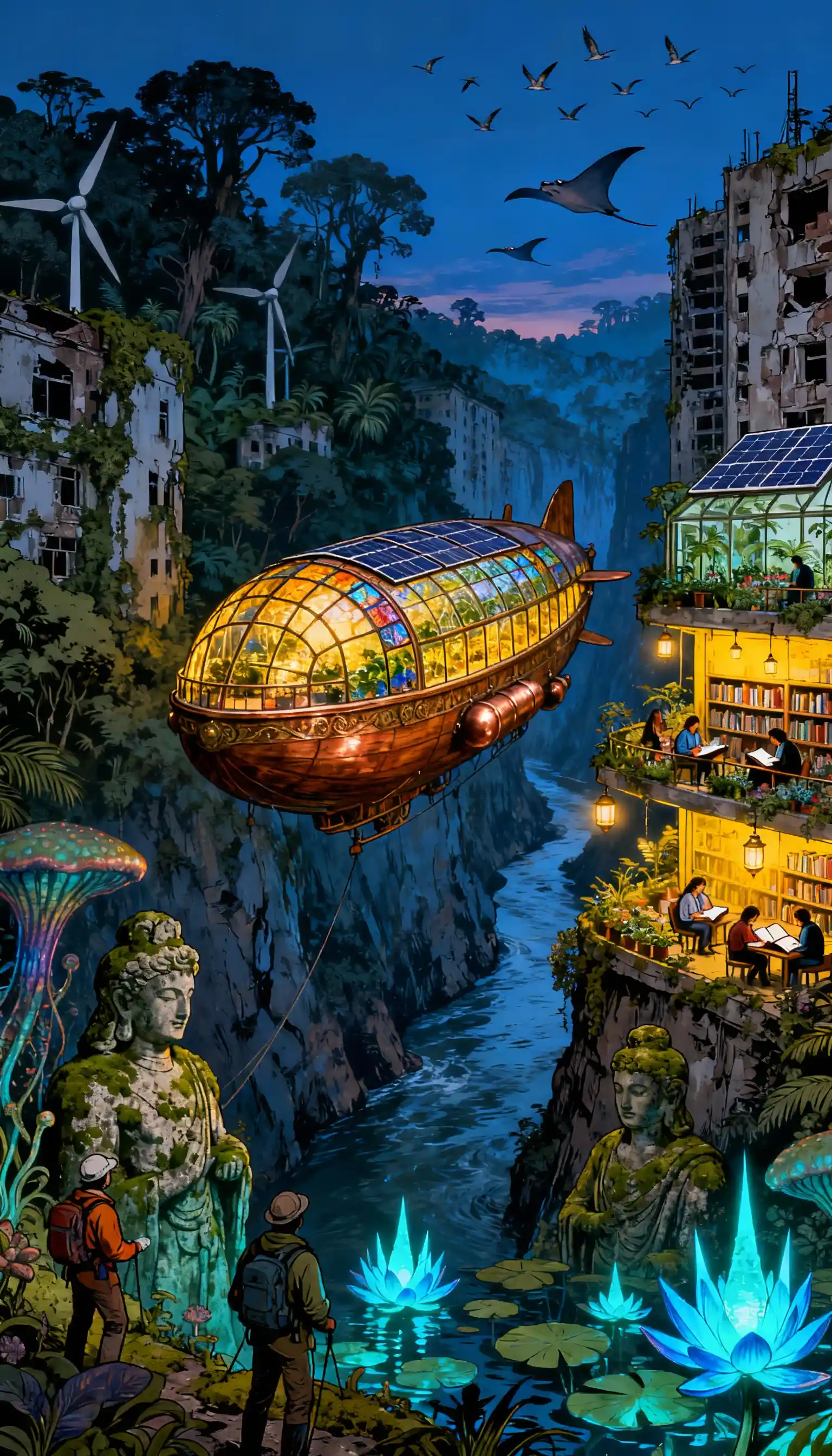Ornate airship drifting through twilight overgrown city ruins