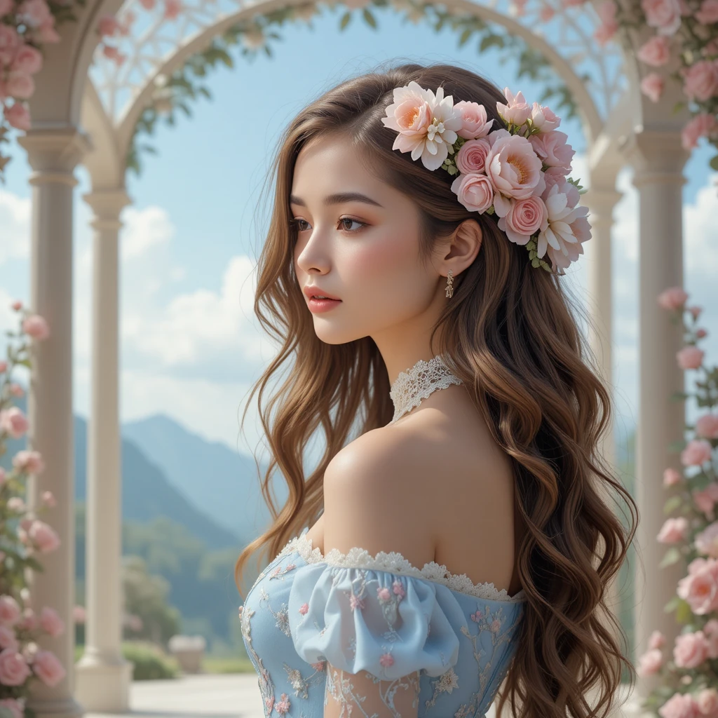 Young woman in floral gown in dreamy fantasy archway