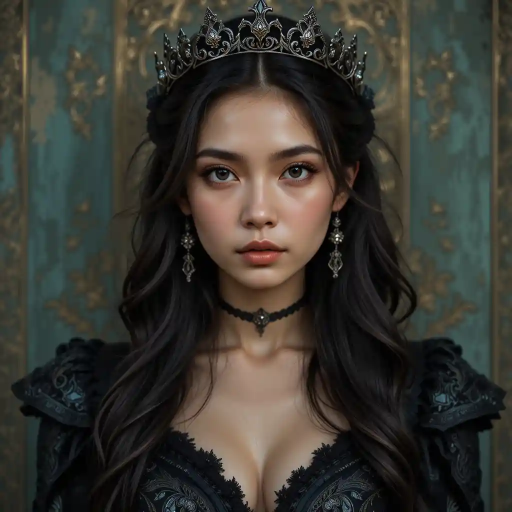Young Asian woman in ornate dark gown and crown