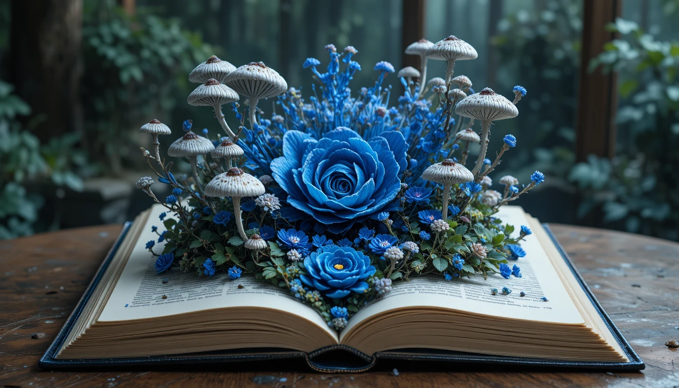 Open book on a table with surreal alien botanicals