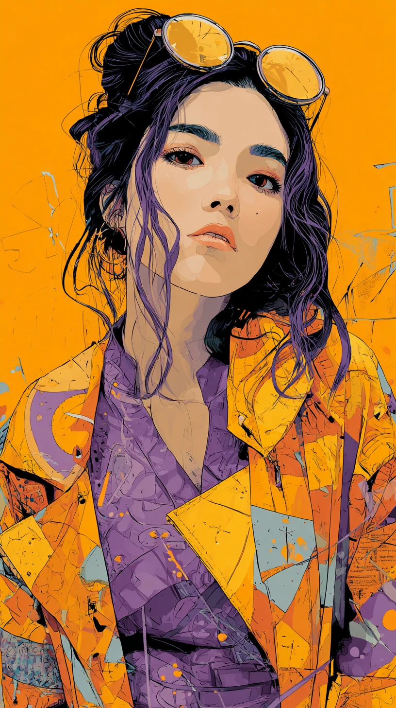 Young fashion woman in bold orange and purple illustration