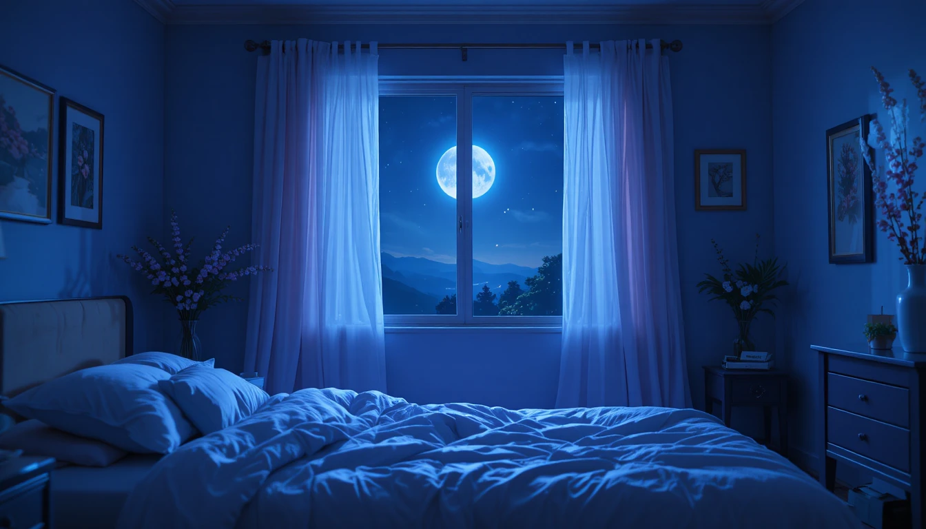 Dormitorio tranquilo a la luz de la luna con cortinas vaporosas y translúcidas
