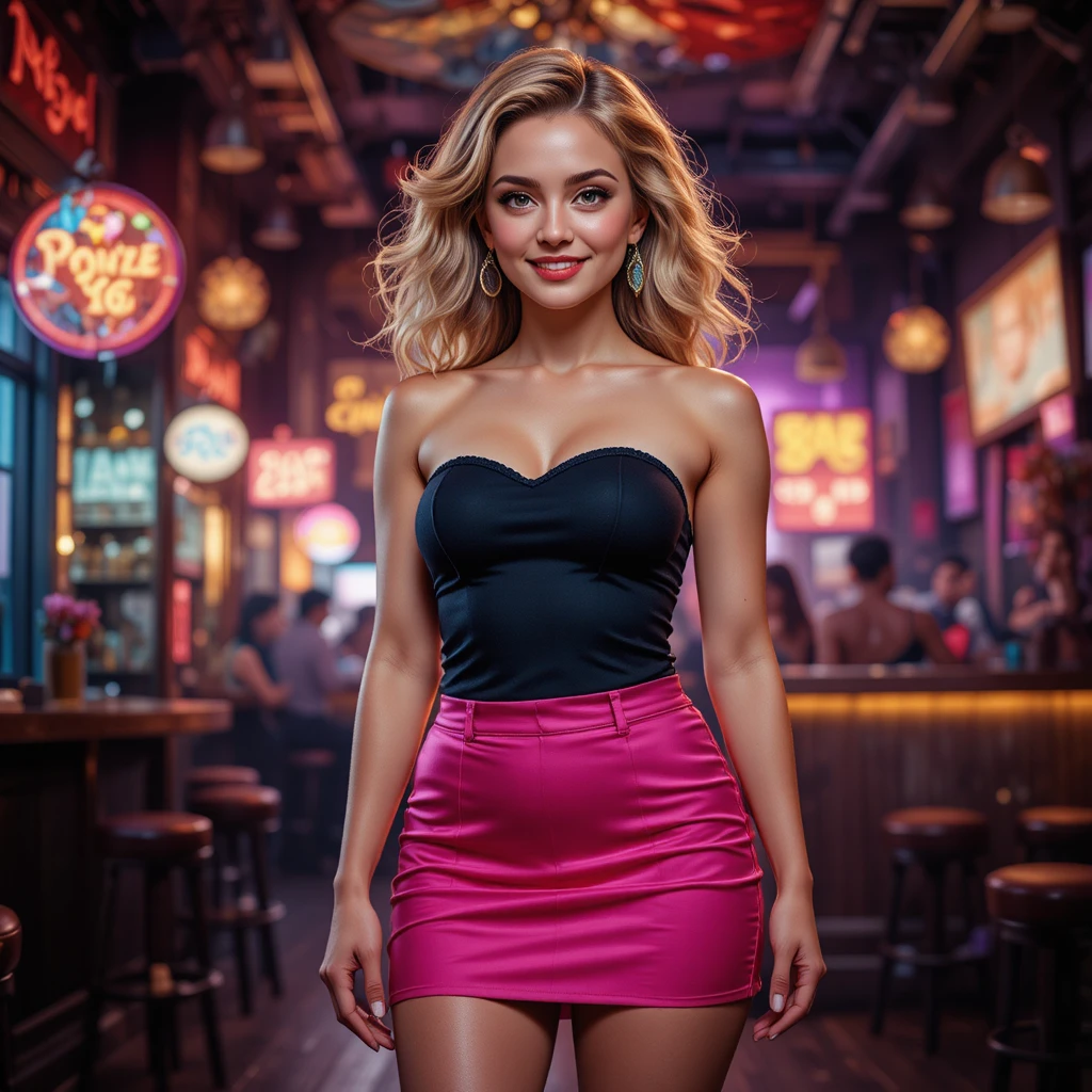 Confident woman with dwarfism in a vibrant nightclub scene