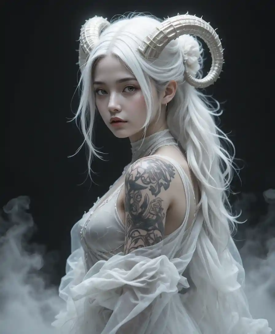 White haired horned woman in swirling mist on black