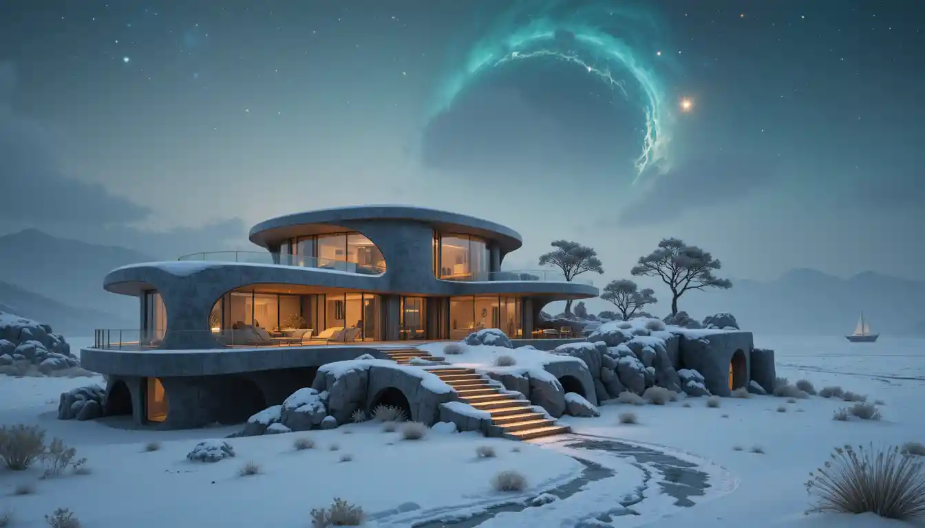 Villa moderna nel deserto con pareti in vetro e dettagli LED