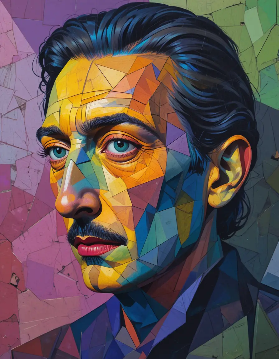 Cubist human portrait fragmented into colorful geometric planes