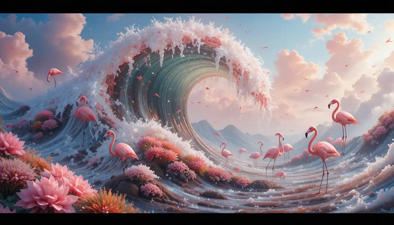 Dreamy abstract flamingos in amber waves and clouds