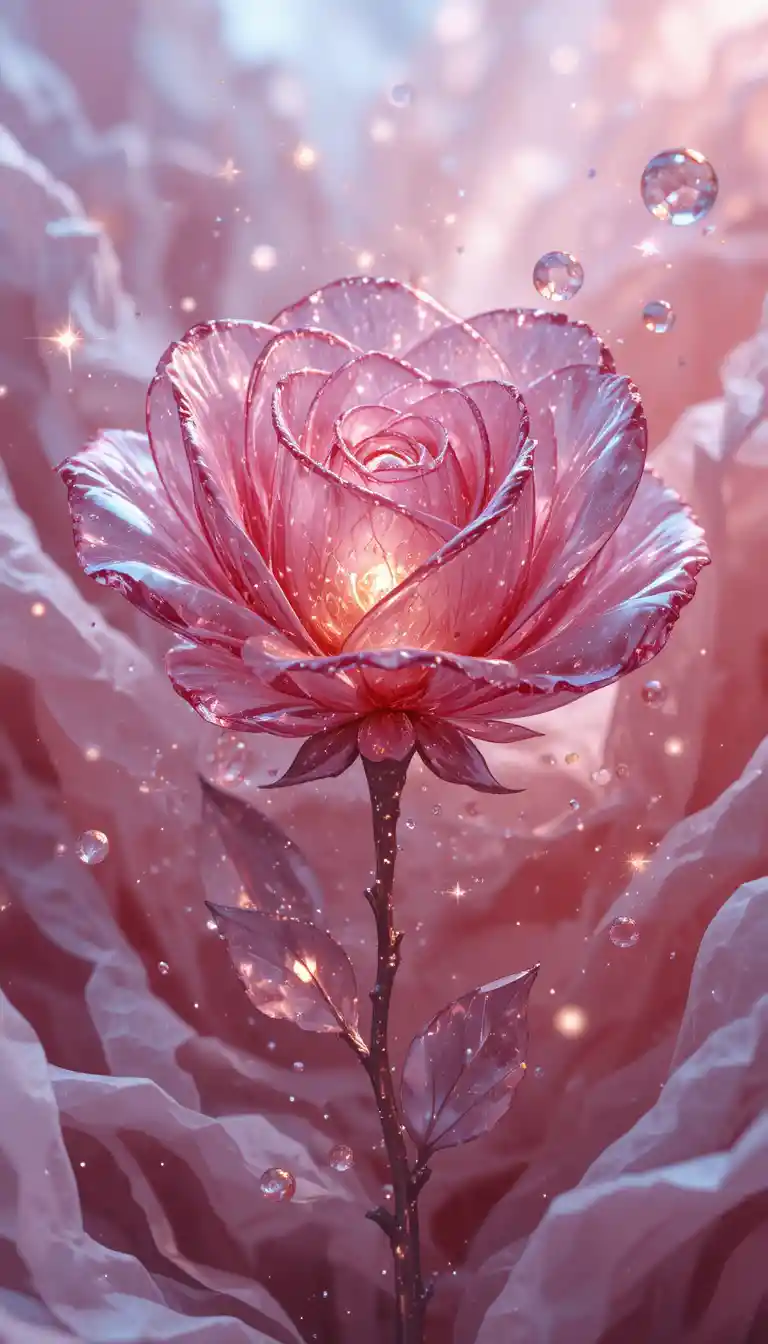 Glowing Crystal Rose In Soft Pink Dreamlike Setting