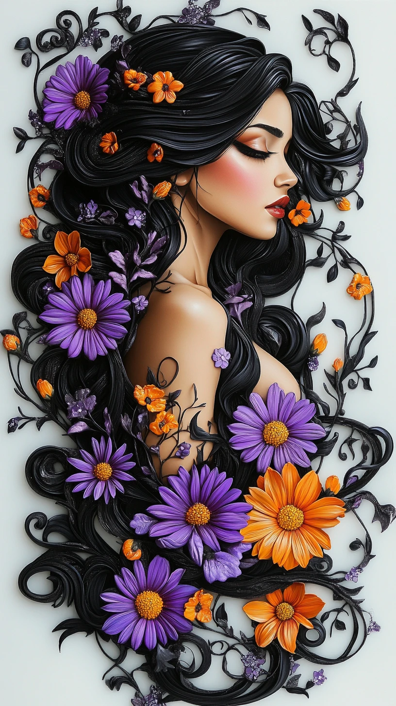 Mujer mexicana con margaritas moradas en un cabello floral ondulante