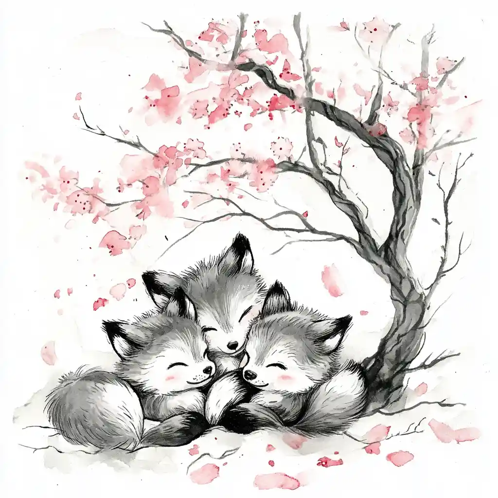 Playful fox kits cuddling beneath a blooming cherry tree