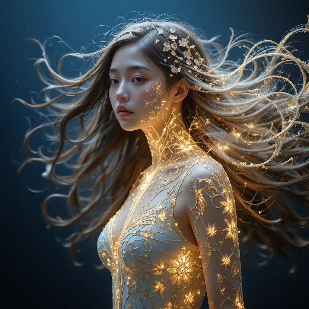 Filigree woman formed from swirling light and wind