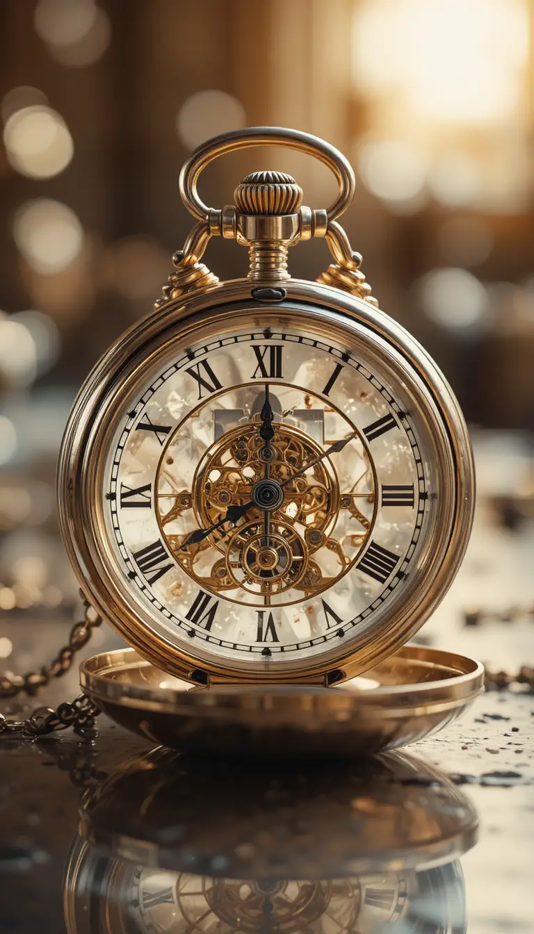 Crystal pocket watch close up with visible inner gears