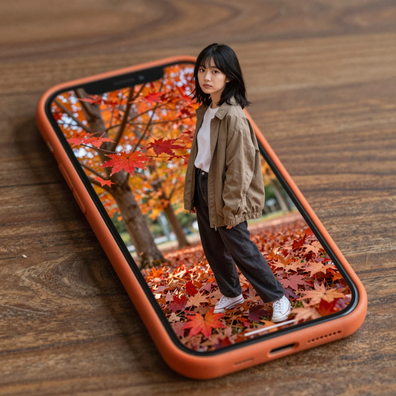 Ragazza in piedi sullo schermo di uno smartphone in un bosco autunnale