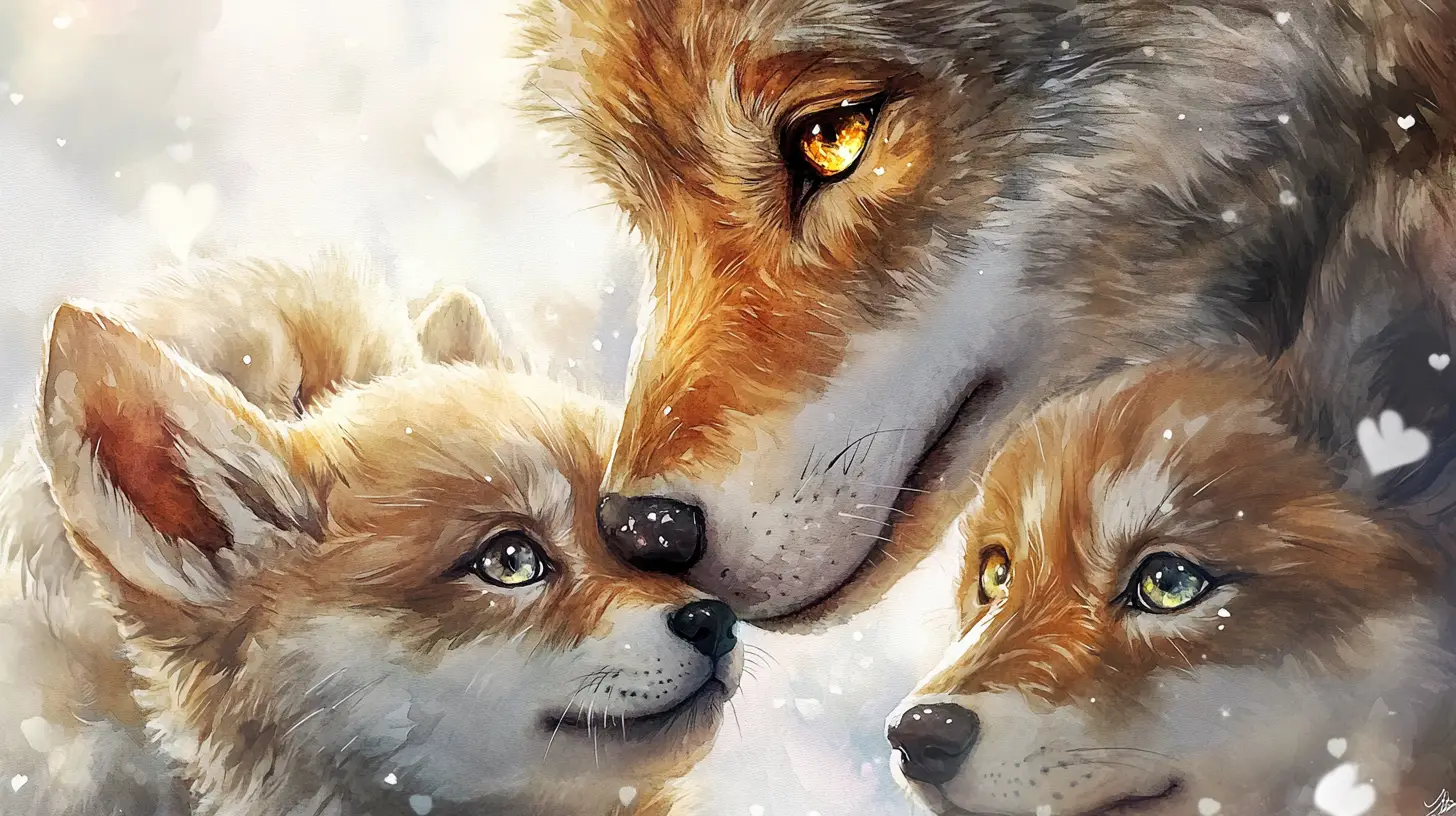 Watercolor mother wolf grooming a fluffy baby pup