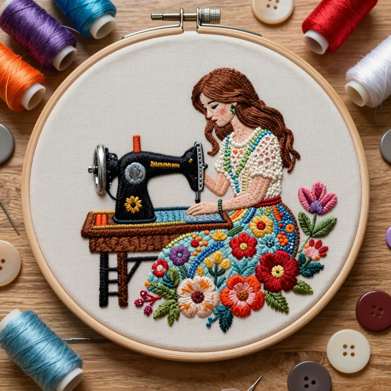 木製繡框中花卉刺繡的俯視圖