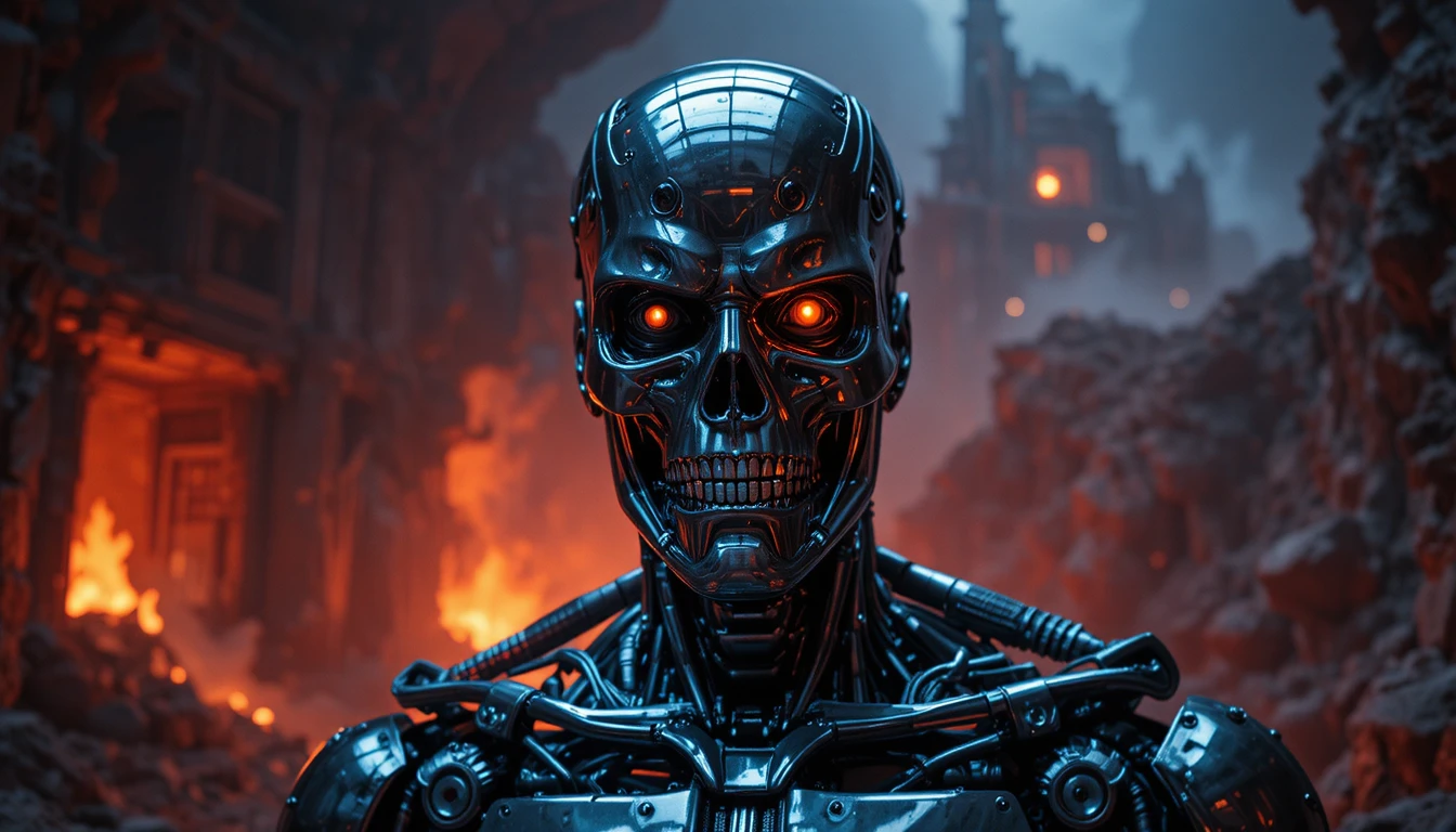 Chrome cyborg staring menacingly in a molten foundry
