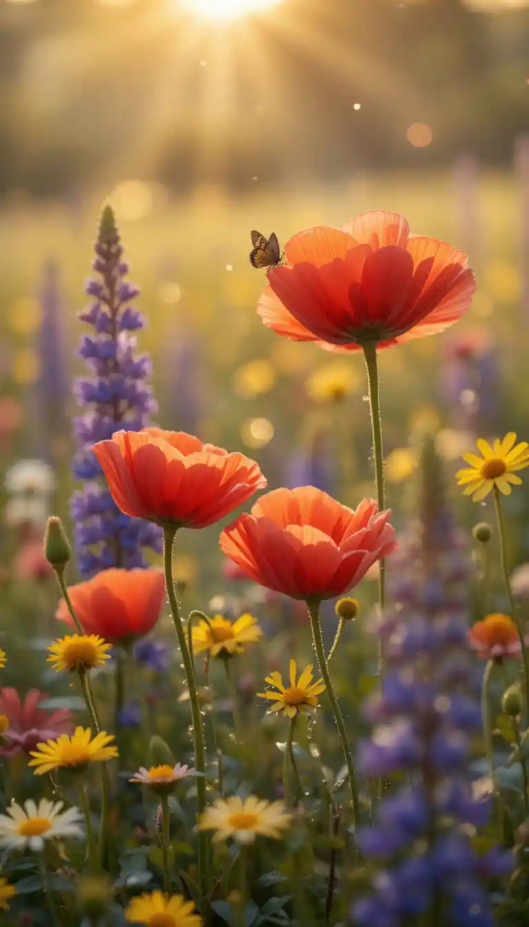 Golden hour close up of blooming wildflower meadow