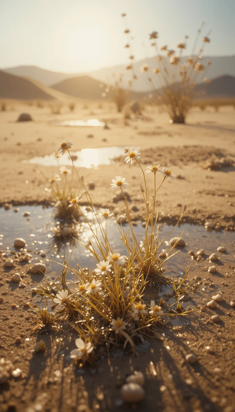 Golden desert wildflowers after rainfall with shining puddles