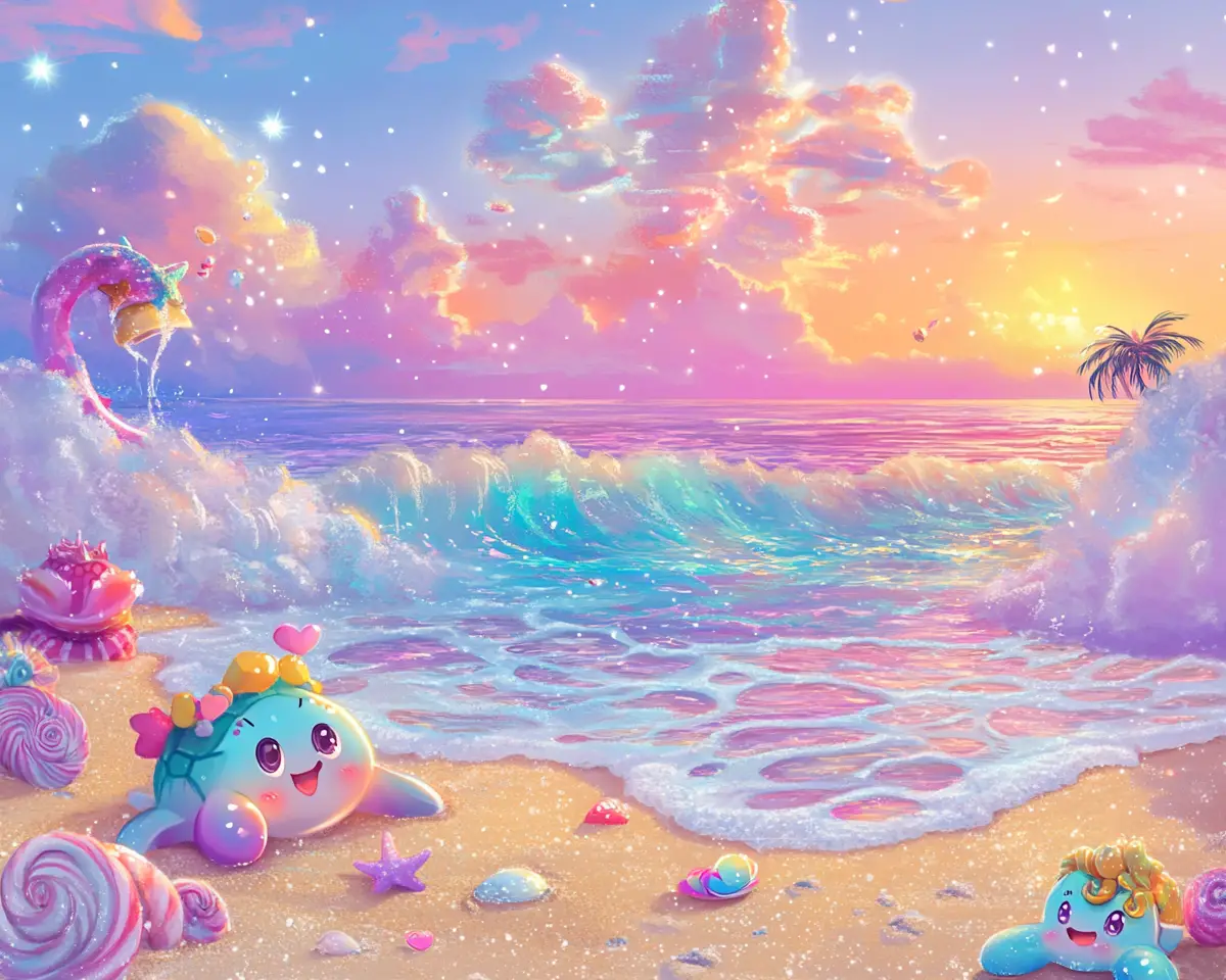 Whimsical anime beach with cute sea turtles at sunset