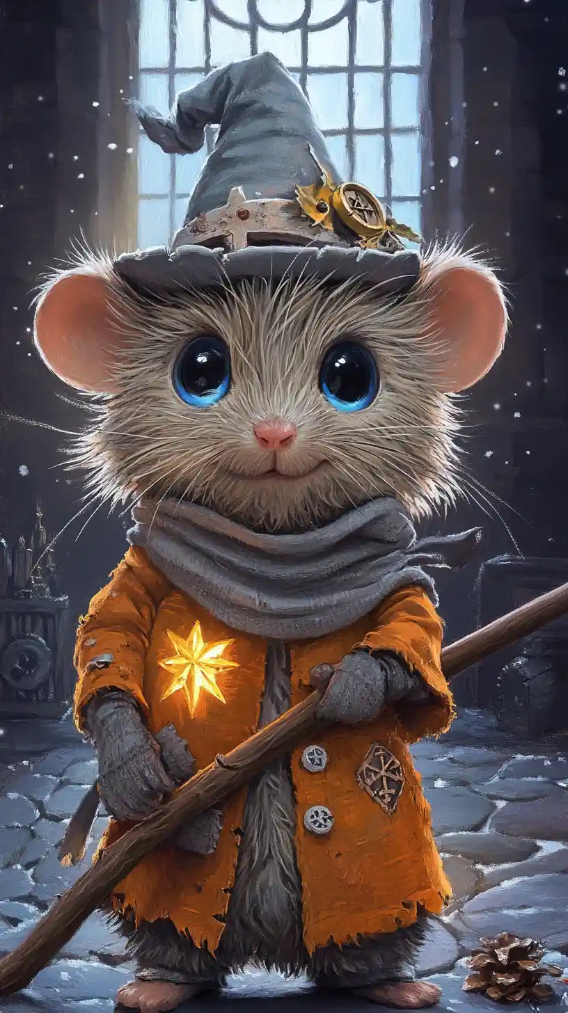 Curious mouse wizard in a moonlit castle laboratory
