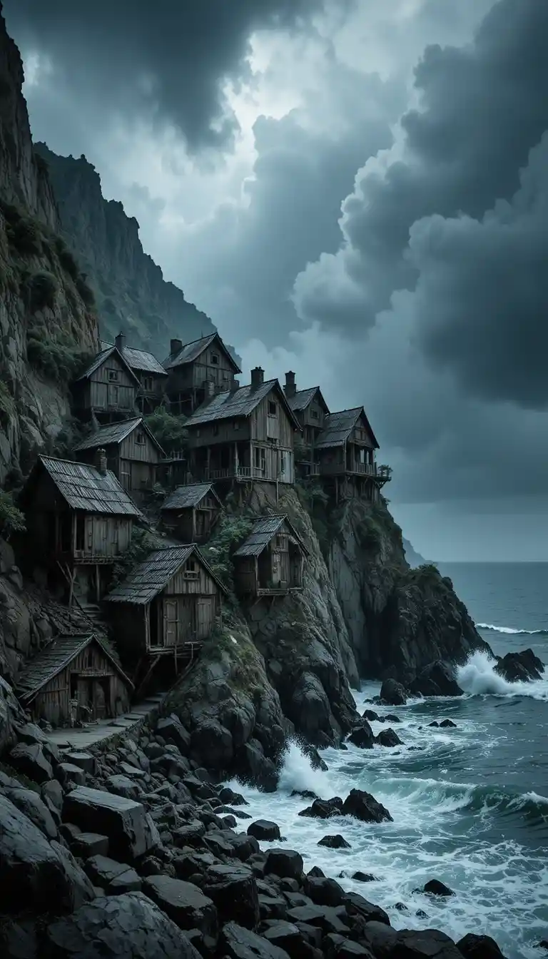 Stormy Coastal Village Clinging To A Rugged Cliff
