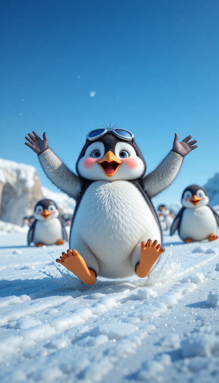Goffo cucciolo di pinguino che rotola giù per una luminosa collina innevata