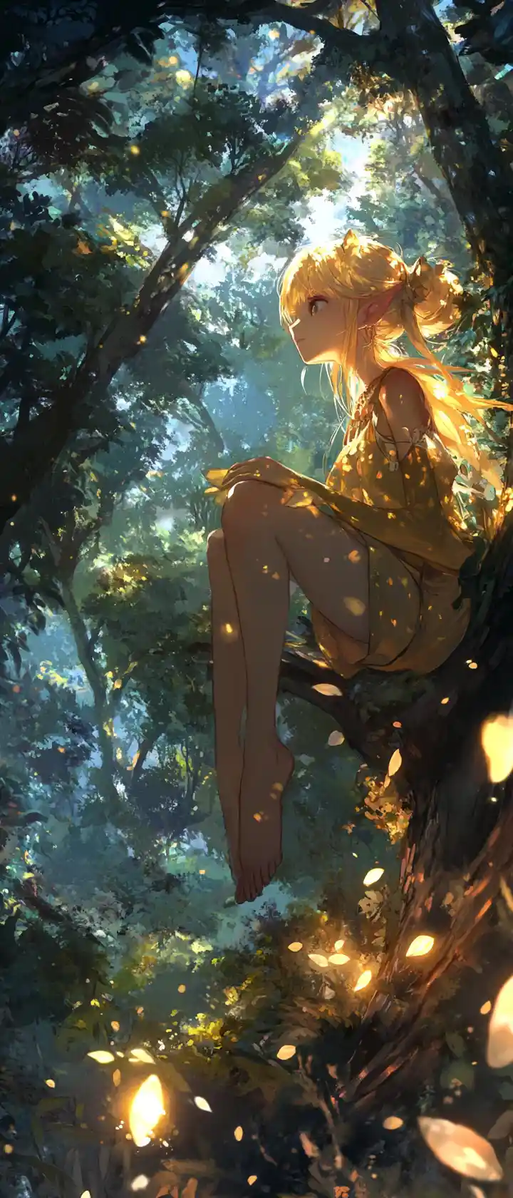 Anime wood elf woman focused on a forest branch